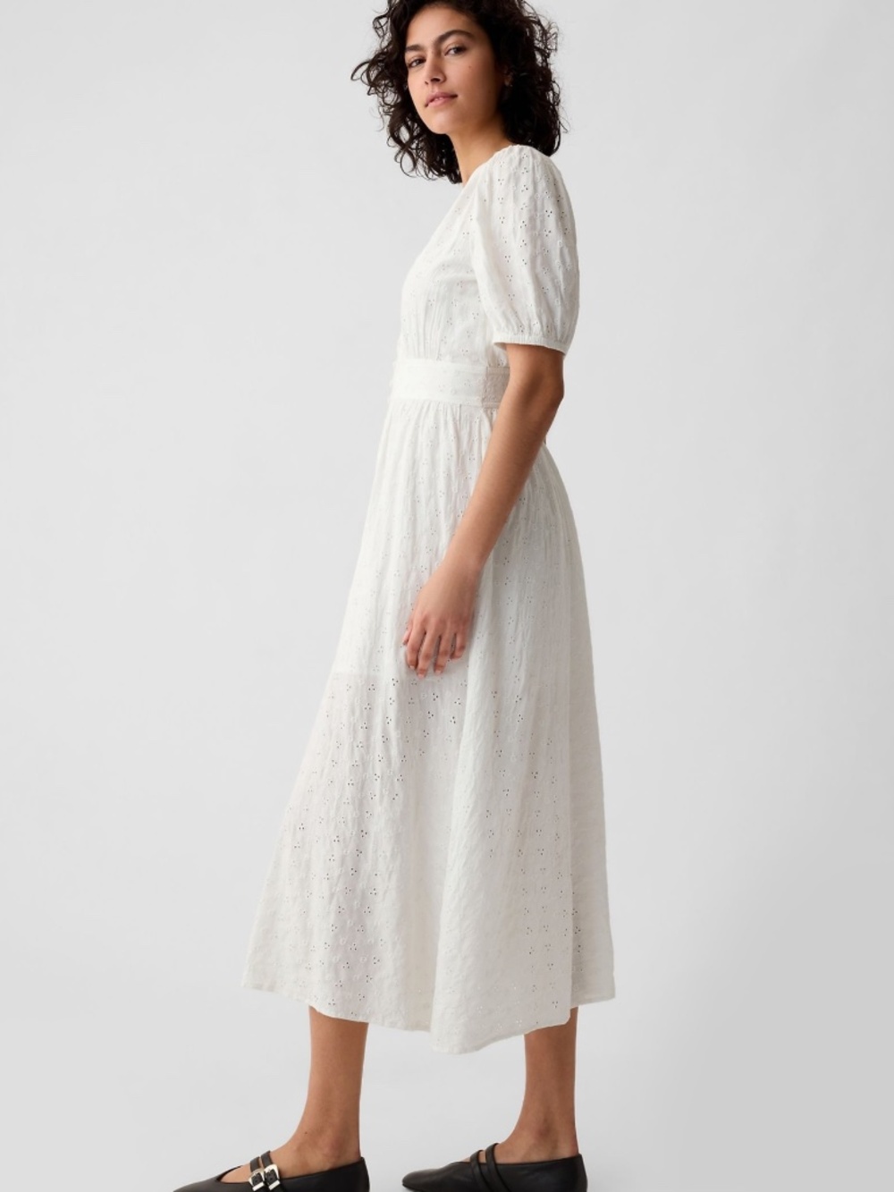Gap White Puff Sleeve Eyelet Midi Dress Button Front Broderie Size Medium (Q) - Picture 2 of 8